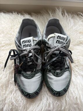 Miu Miu Grey and Green Snake-Print Low-Top Sneakers